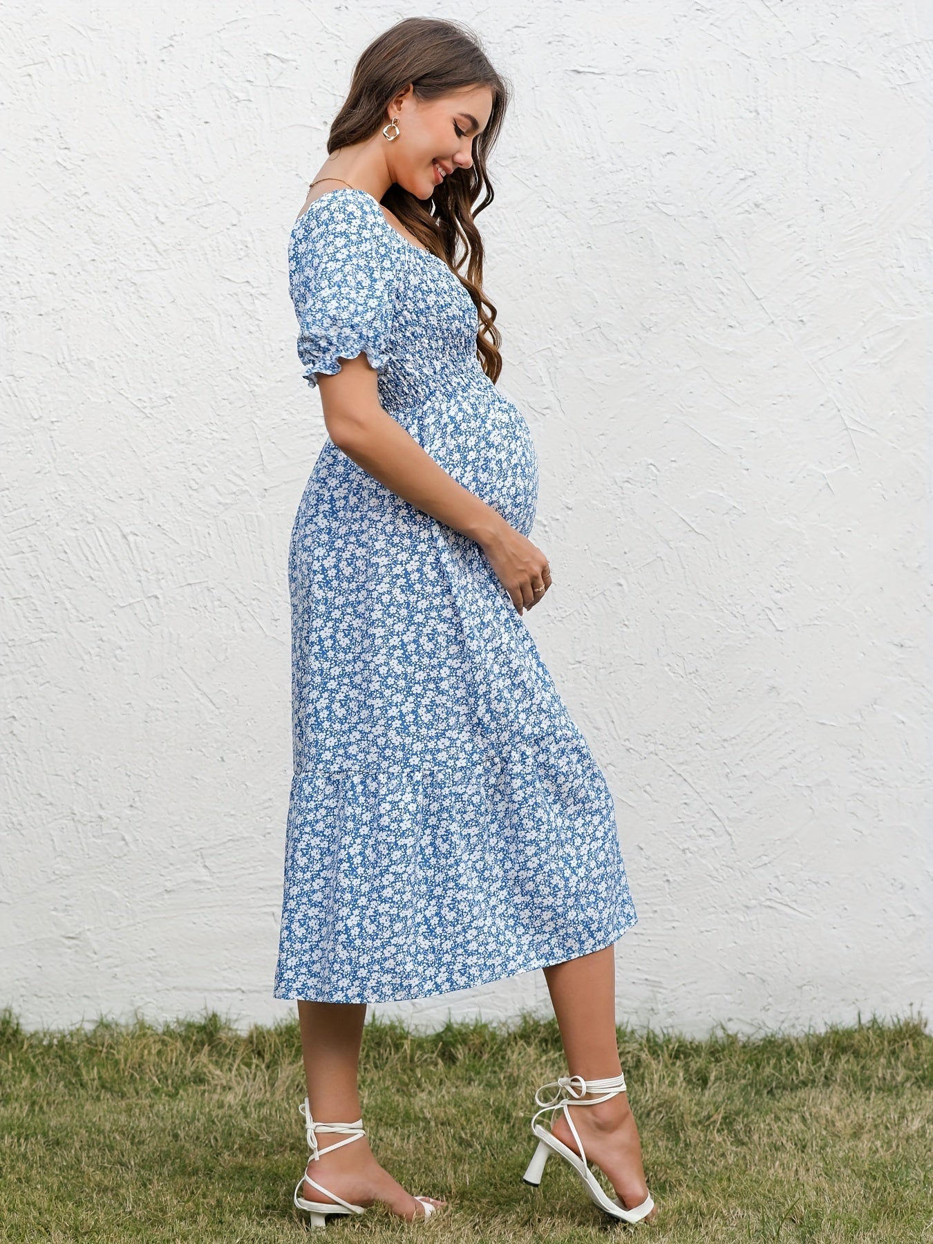 Vintage Blossom Midi Maternity Dress