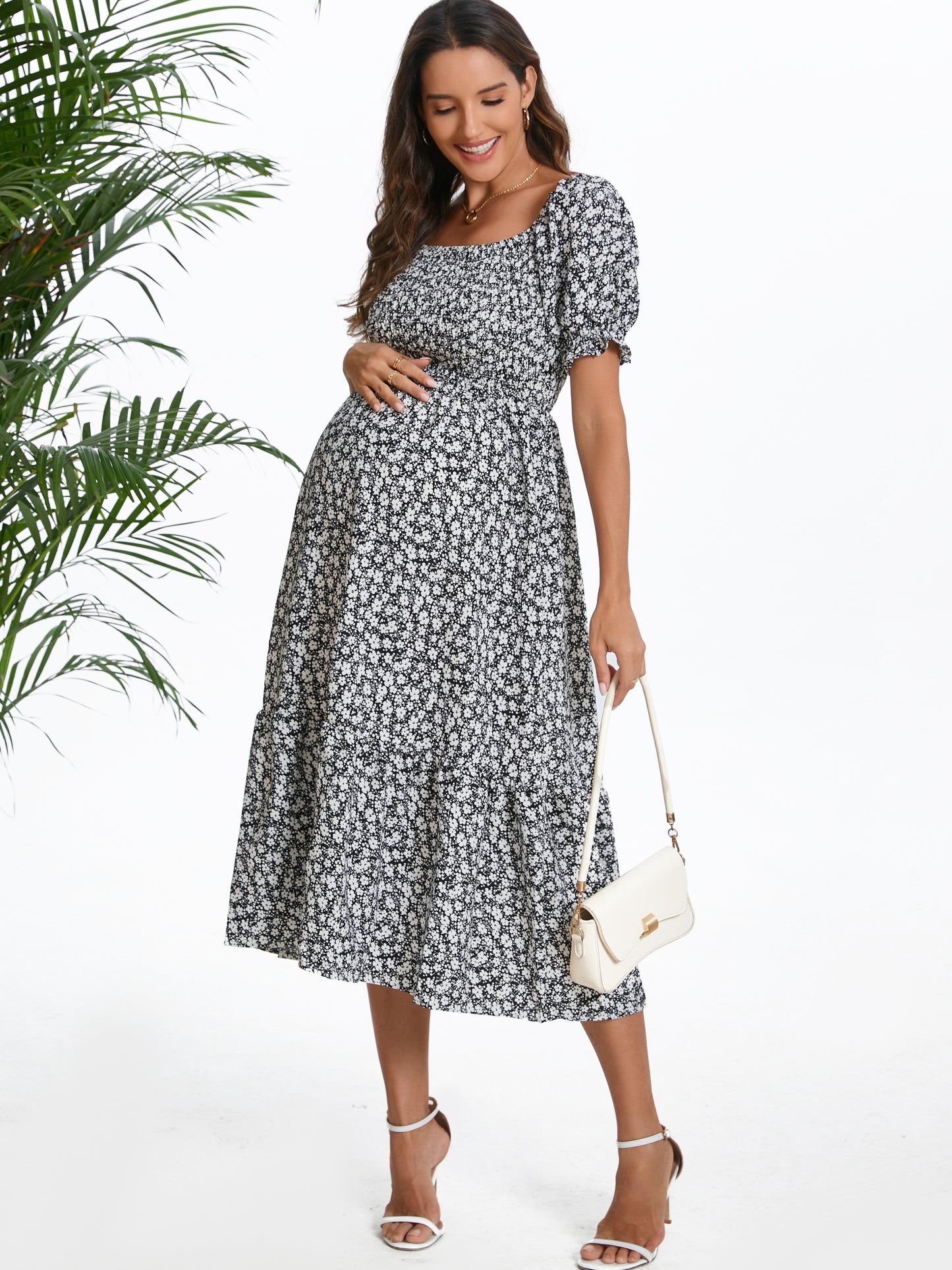 Vintage Blossom Midi Maternity Dress