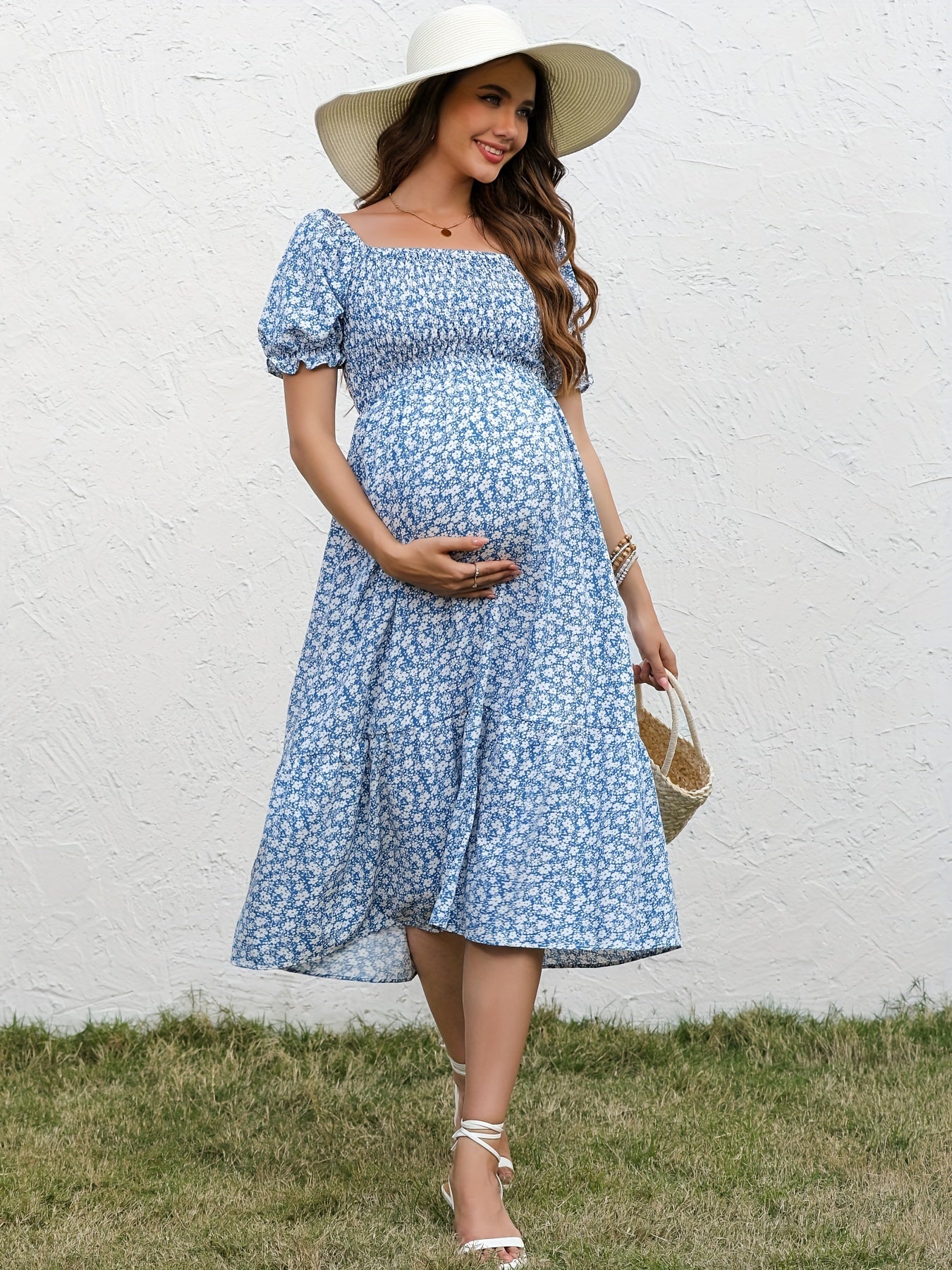 Vintage Blossom Midi Maternity Dress