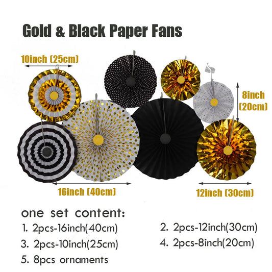 Black & Gold Paper Fan Decorations